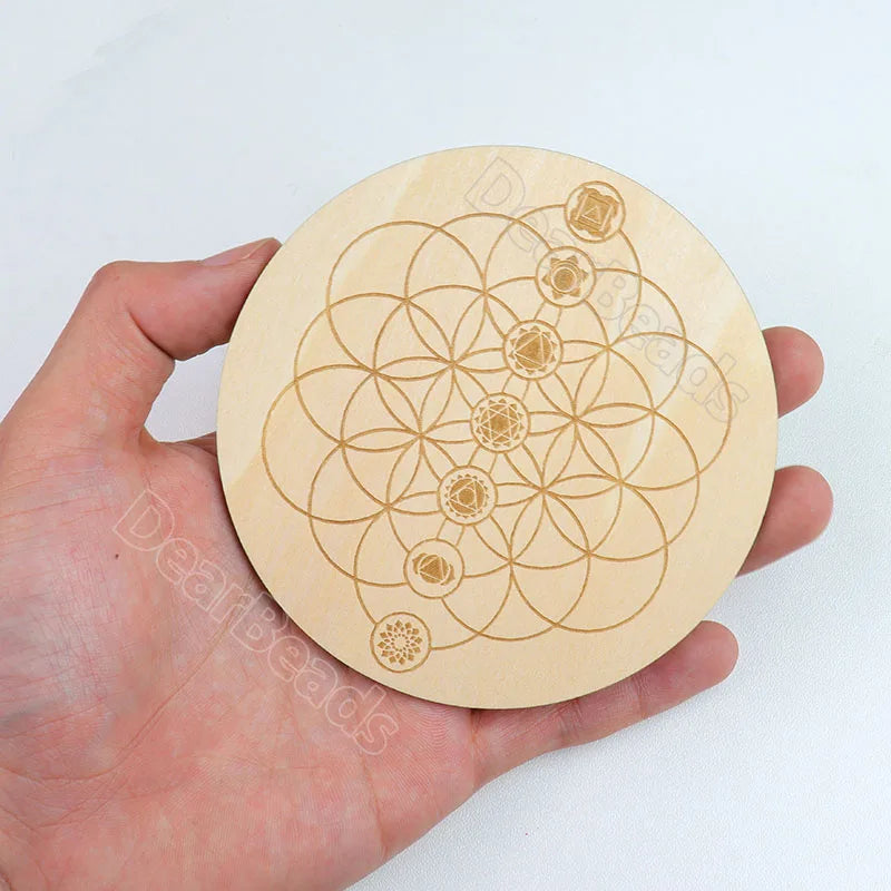 Wooden Crystal Chakra Reiki Healing Grid Plate  Platonic Solids Sacred Geometry Crystals Symbol Board