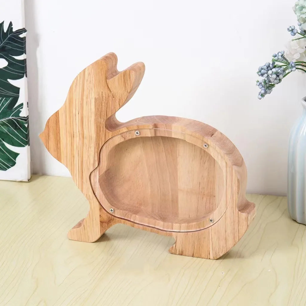 2024 New Rabbit Animal Modeling English Letters Wooden Piggy Bank Money Saving Box Safe Box for Money