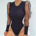 New Black Lace Puff Sleeve Women 's Bodysuit Autumn Polka Dot Vintage Bodycon Jumpsuit Tops Skinny Mesh Rompers Ladies