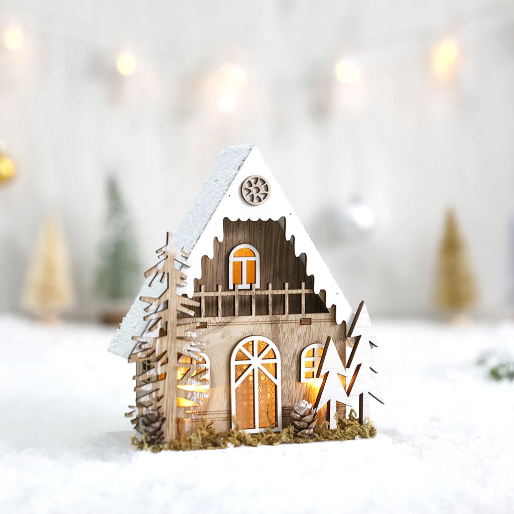 Christmas Lighted Wooden Village House Tabletop Decoration Christmas Houses White Wood Glittered Cabin LED House