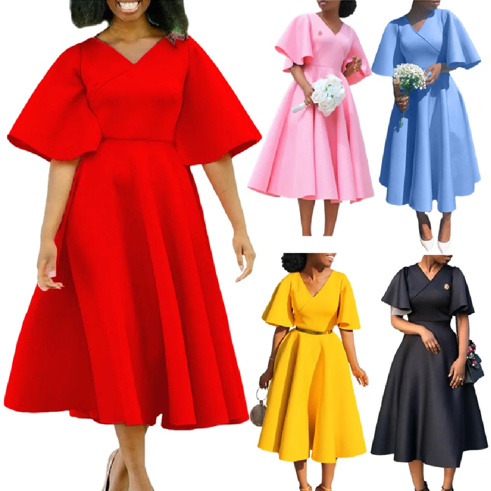 D3191 Latest Design Flare Sleeve V-neck Fashion a Line Party Dresses Women Evening Dresses Women Lady Elegant Dress