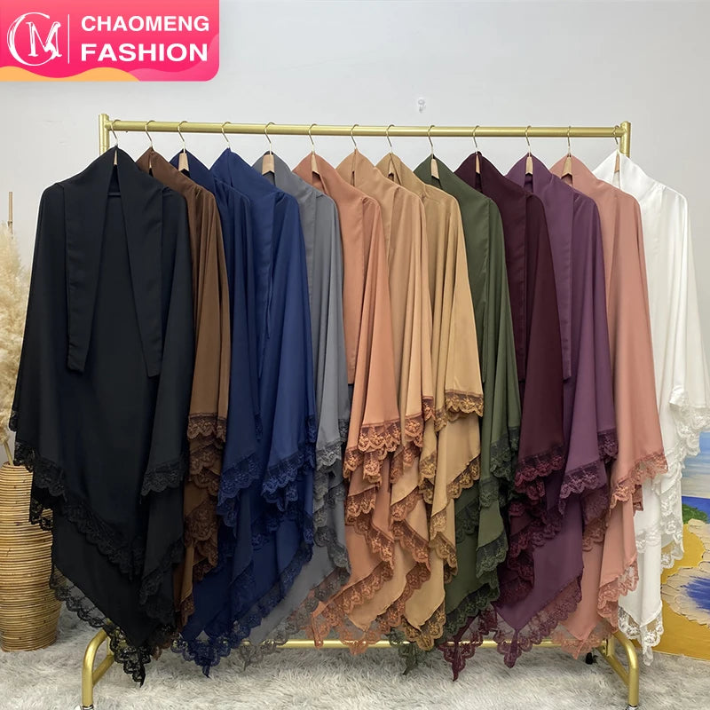 2306# New Prayer One Layer Nida Material Lace Border Khimar Neckline Have 4 Belts Eid Modest Women Khimar Hijab 13 Colors