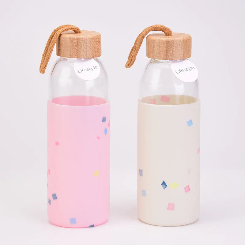 520ML Creative Glass Water Bottle Wood Lid Drink Cup for Children Portable Outdoor Sports Modern Bottle with Silicone Sleeve