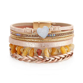 2024 New Arrival Irregular Crushed Stone Bracelet Magnetic Buckle Heart Bracelet Hand-Woven Multi-Layered Leather Bracelet