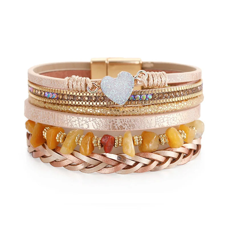 2024 New Arrival Irregular Crushed Stone Bracelet Magnetic Buckle Heart Bracelet Hand-Woven Multi-Layered Leather Bracelet