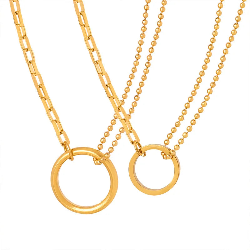 Tarnish Free 18K Gold Plated Stainless Steel Jewelry Double Layer Bead Chain Round Plain Pendant Choker Necklace for Women