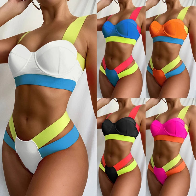 New Women Bikini Set Patchwork Push up Bikini Set High Waist Two Piece Swimsuit