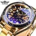 Winner 2023 New Luxury Blue Glass Gear Movement Transparent Mens Automatic Wrist Watch Male 3D Skeleton Mechanical Wrist Watch