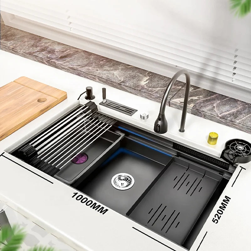 TELISIYA 10052 Black Modern 304 Stainless Steel Kitchen Sink Waterfall Faucet Knife Rest Cup Washer Eco-Friendly Dual-Flush MegaBDM