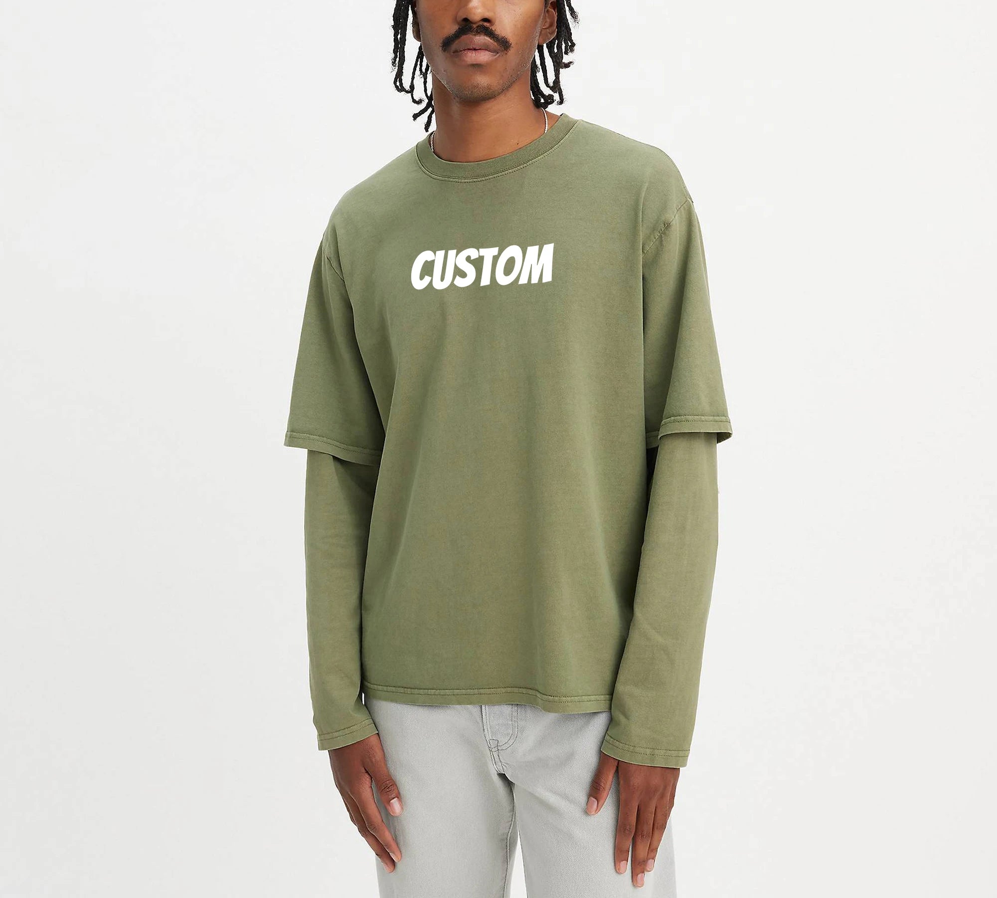 Vintage StreetWear 100%Cotton French Terry DTG Print Double Layer Long Sleeve T-shirt for Men Tee Shirt