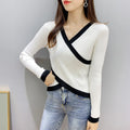 New Spring and Autumn One Size Cross V-Neck Irregular Sweater Outer Wear Short Knit Sweater Top Long Sleeve Bottom Shirt