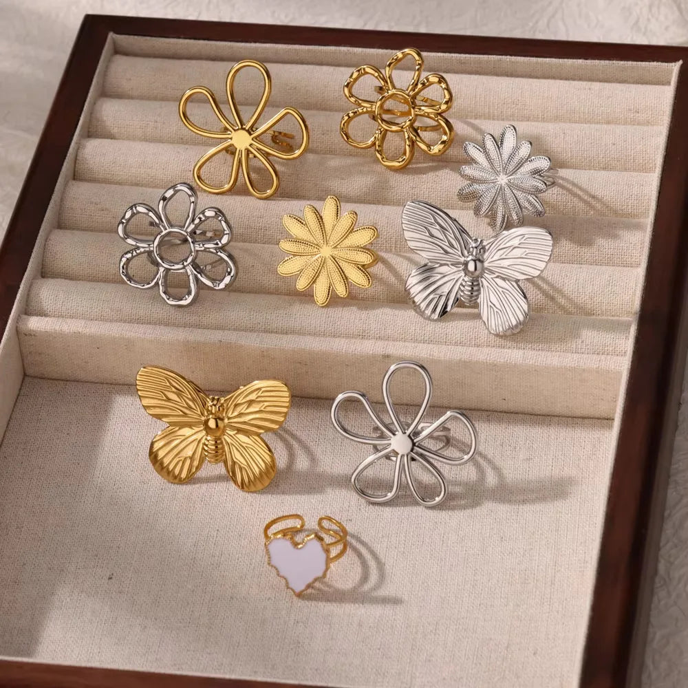 Hollow Flower Open Adjustable Finger Ring Wholesale Butterfly Design 18k Gold Plated Stainless Steel Flower Rings