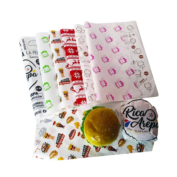 Logo Custom Greaseproof Food Wrapping Burger Foil Paper Packaging 30x30