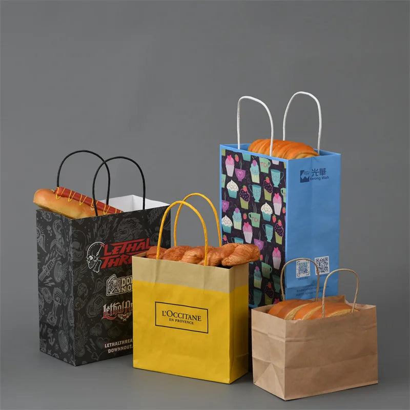 Custom Printed Classic Kraft Paper Takeaway Restaurant Fast Food Delivery Bags Your Own Logo Recycled Materials Pizza Sugar