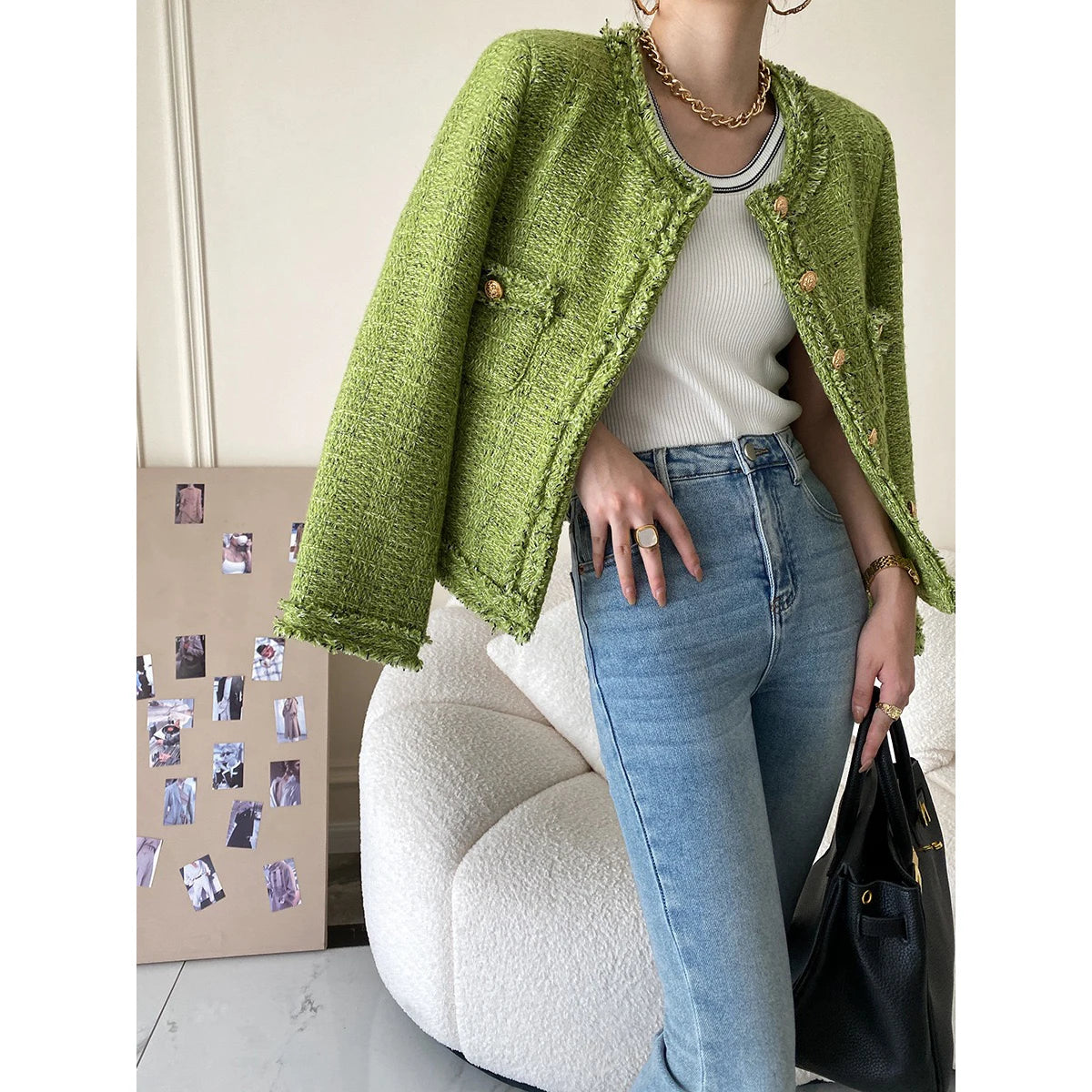 Tweed Blazer Top Jackets Green 2023 Hot Sell New Fashion for Women Young Ladies Casual Woven Elegant Knitted Solid Pattern