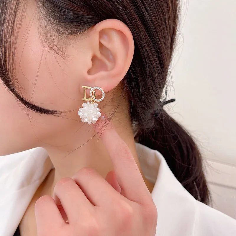 New Design Zircon Pearl Flower Letter D O Pendant Earrings