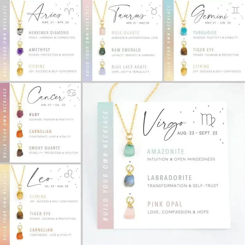 Zooying Raw Crystal Necklace Customizable Charm Personalized Zodiac Gemstone March Birthday Necklace Raw Rough Stone Necklace