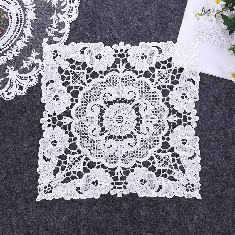 Round Square European Lace Fabric Embroidered Placemat Coaster Fruit Snack Cake Dust Cover Small Furniture Vase Mat Decoration