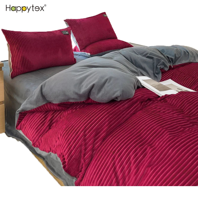 Super Cozy Coral Fleece 4 PCS Patchwork Cartoon & Plant Design Folded Bedding Set Fluffy Duvet Cover Winter