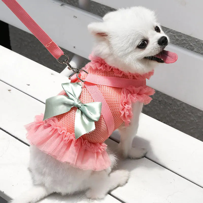 Breathable Mesh Dogs Bow Tie Dress Plaid Puppy Harness Chest Strap with Lead