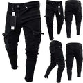 New Fashion Men Skinny Cargo Jeans Long Pant Denim Biker Pocket Stretch Black Work Trousers