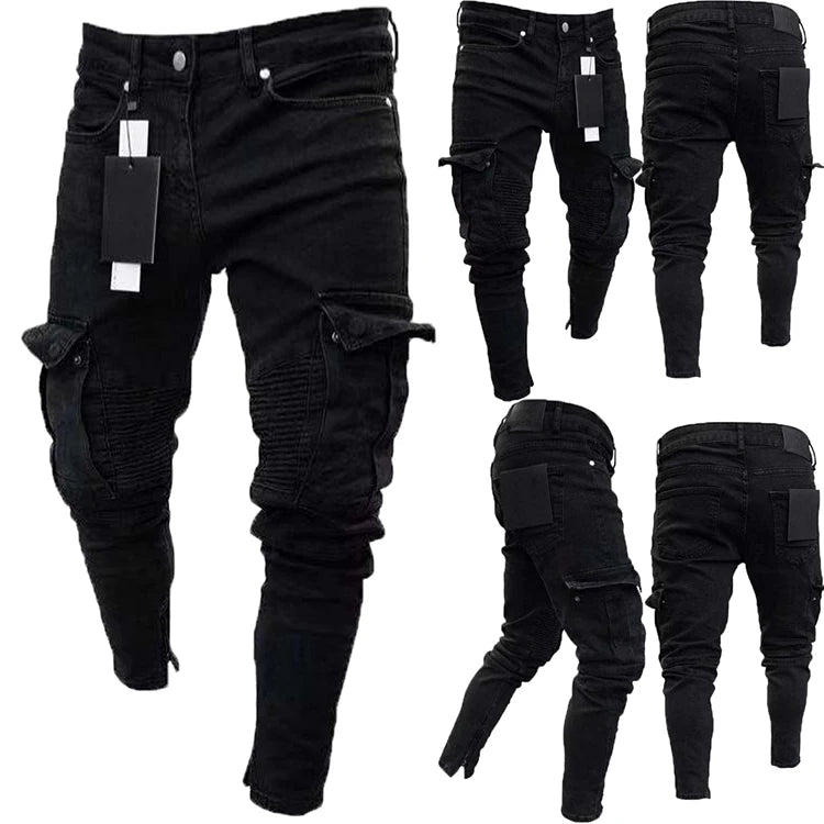 New Fashion Men Skinny Cargo Jeans Long Pant Denim Biker Pocket Stretch Black Work Trousers