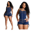 Stylish Women Dresses Casual Summer Corss Women's Denim Skirts Crop Top Halter Two Pieces Set Mini Dress for Women
