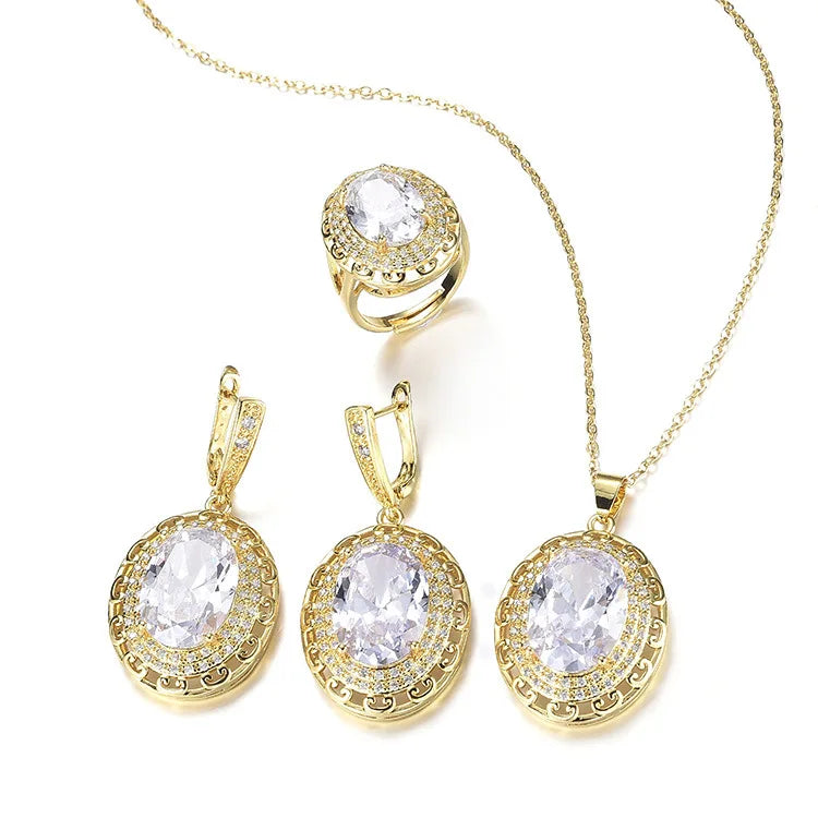 Good Luck Jewelry Zircon Necklace Earring Set Colorful Treasure Ring Jewelry Set Zircon Necklace Bracelet Wedding Set