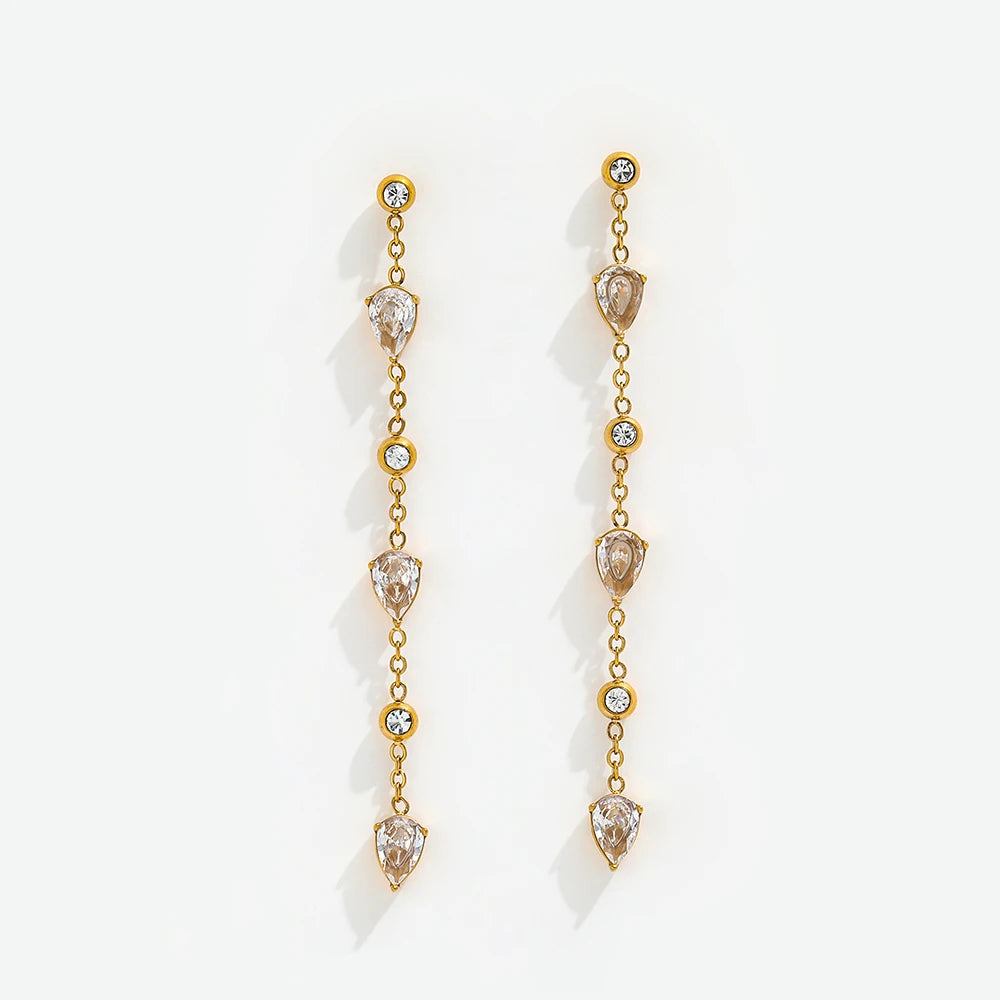 High End PVD 18K Gold Plated Water Drop CZ  Zirconia Chain Tassel Long Dangle  Earring Stainless Steel Women Fashion Jewelry