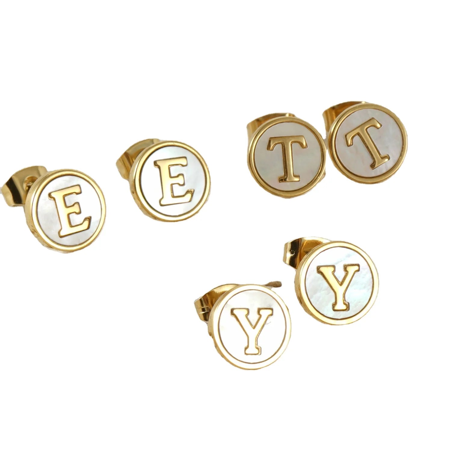 Personalized Jewelry Stainless Steel 26 Alphabet English Letter Earrings Initial Round Nacre Shell Mother of Pearl Stud Earrings