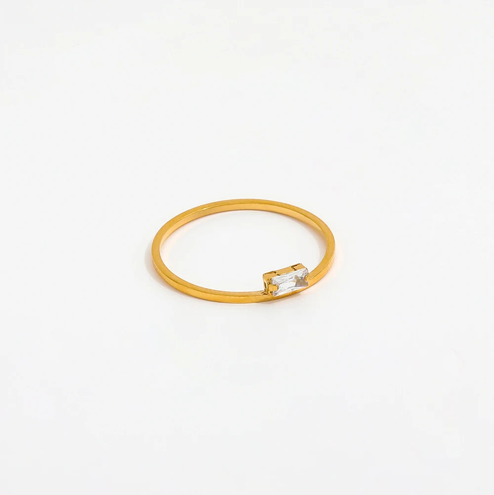 High End 18K Plain Gold Dainty Rectangle Zirconia Fine Rings Stainless Steel Trendy Simple Gold Plated Jewelry MegaBDM