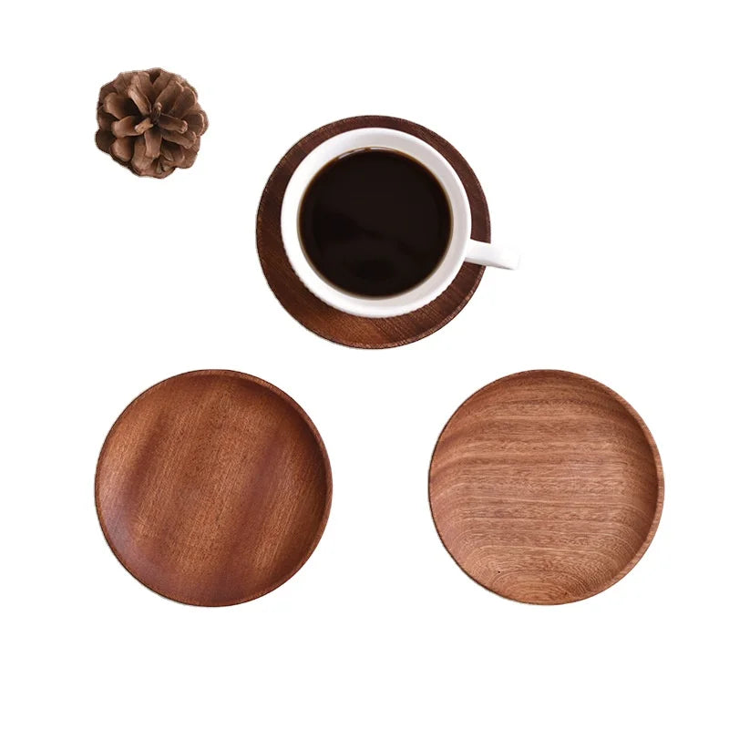 Custom Small Kitchen Tableware Black Ebony Bread Butter Plate Japanese Style Solid Wood Round Fruit Salad Dessert Dish Bowl Tray