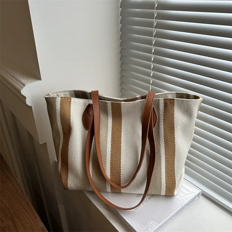 Wholesale Good Quality Durable Lady Women Shopping Tote Bags Design Printed Striped Canvas Two Zipper 3L Capacity Daily Use