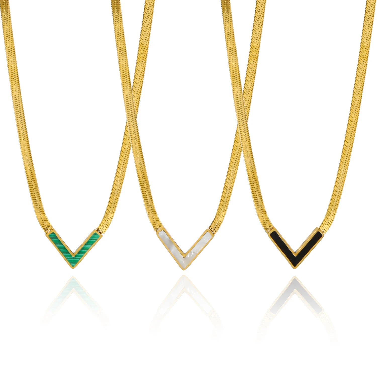 18K Gold Plated Stainless Steel Flat Snake Chain Necklace Black Green Malachite Shell V Shaped Necklace YF3087