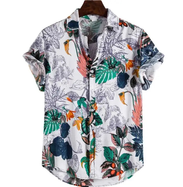 Custom Summer Mens Ethnic Printed Lapel Collar Cotton Beach Stripe Short Sleeve Loose Hawaiian Shirts