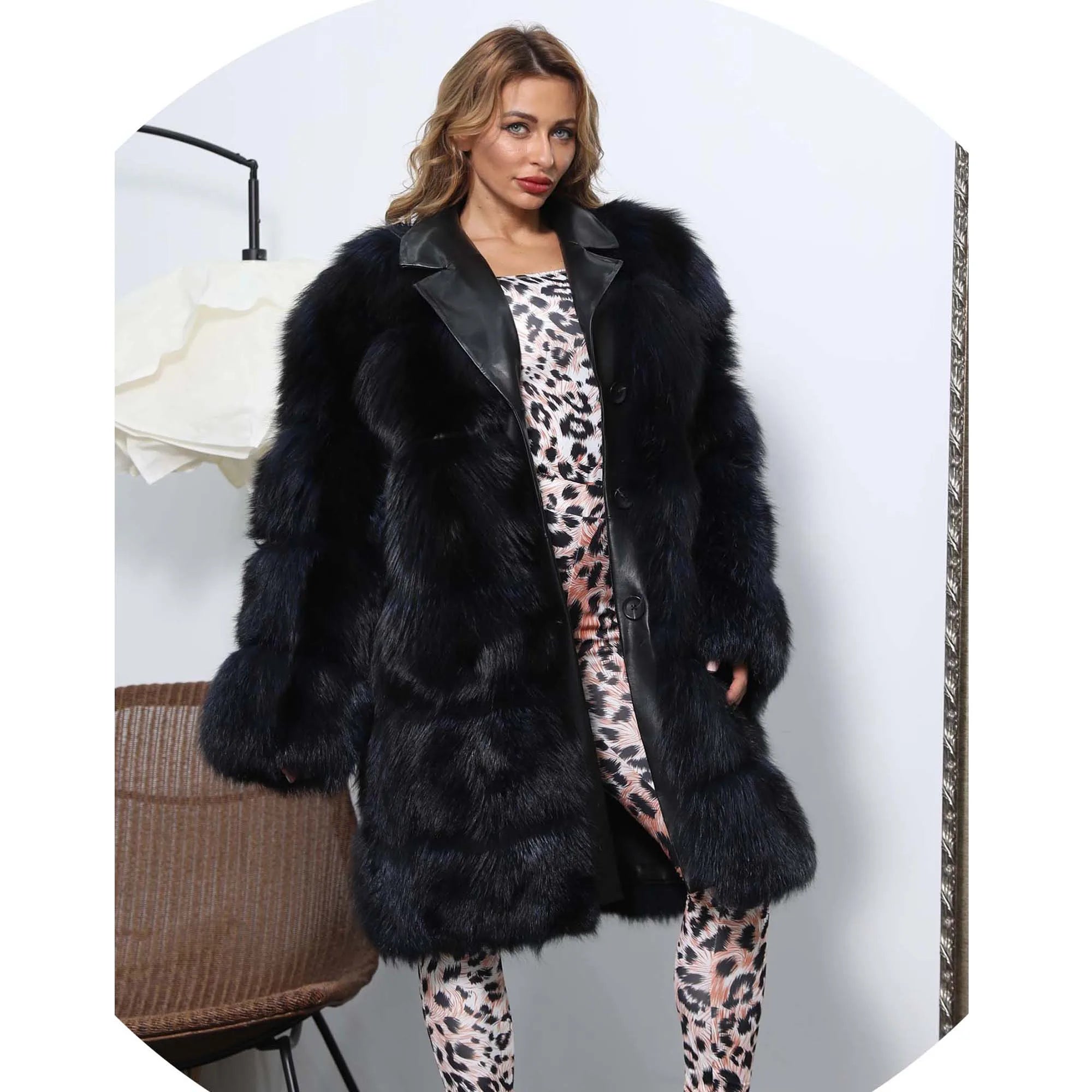 Winter Thick Fur Collar Luxury Long Real Silver Fox Fur Coat