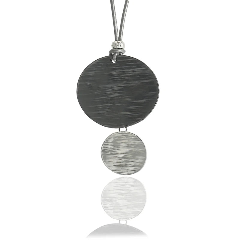 Matt Finish Grey Wax Cord Hammered Double Round Metal Disc Dangle Drop Women Jewelry Necklace