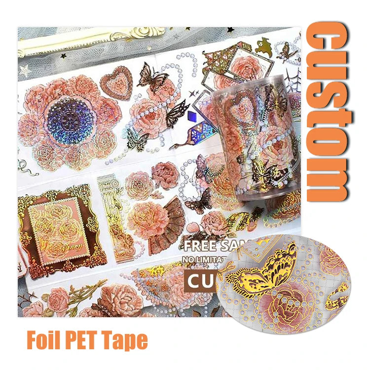 Custom Crafting Sticker Roll Gold Foil Embossed Transparent PET Tape