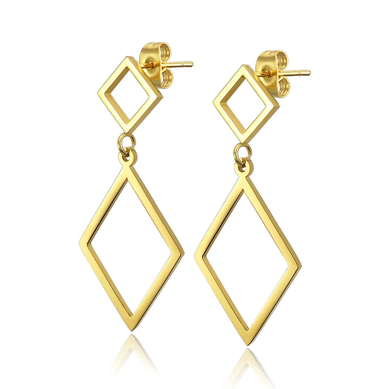 316L Stainless Steel Brass Gold Plated Modern Tow Squares Dangle Statement Stud Earrings Jewelry