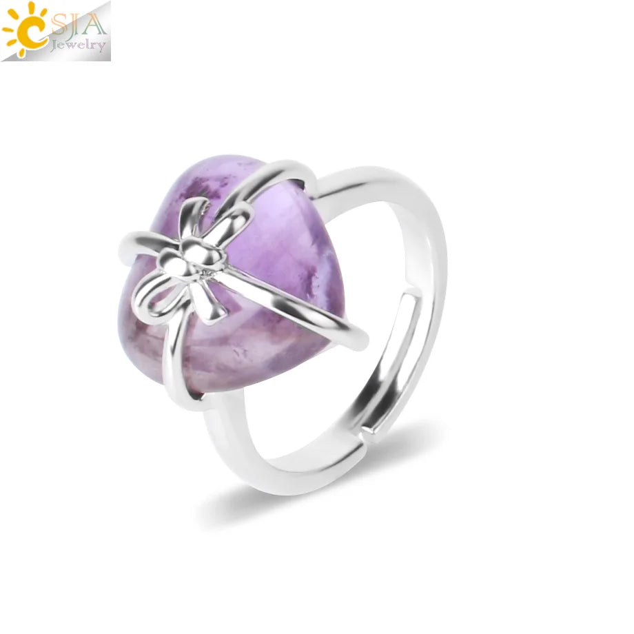 CSJA Wholesale Healing Natural Black Obsidian Ring Crystal Bowknot Heart Stones Ring for Girl Lover Women H147