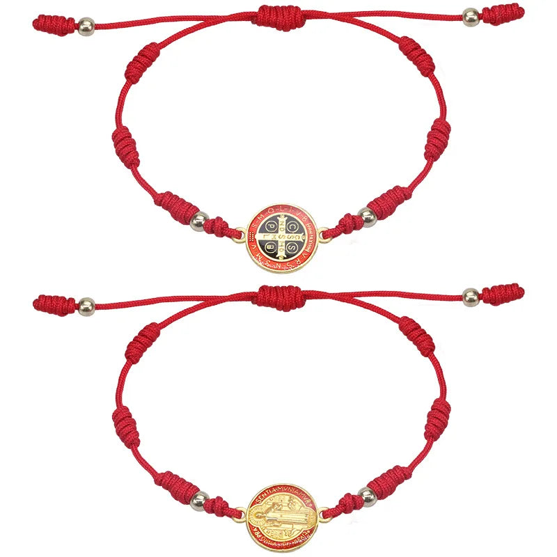 Two Sides Pattern Woven Hand St Benedict Charm Bracelet Gold Plated Zinc Alloy Unisex Anniversary
