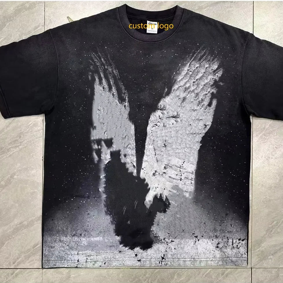 250gsm Heavy Weight Vintage T Shirt Washed Cotton Black T-shirts Black Oversized Acid Washed Digital Printing Graphic Tshirts