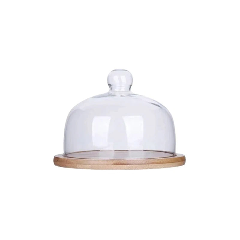 Wholesale Rustic Bamboo Wood Decorative Christmas Surprise Birthday Wedding Cake Stands with Glass Dome