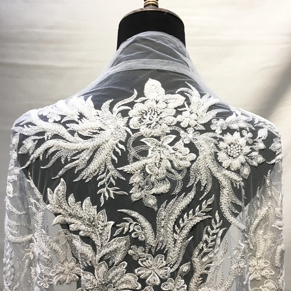 Handmade 3D Flowers Embroidered Beads and Pearls Heavy Beaded Mesh Lace Fabric for French Wedding Gown