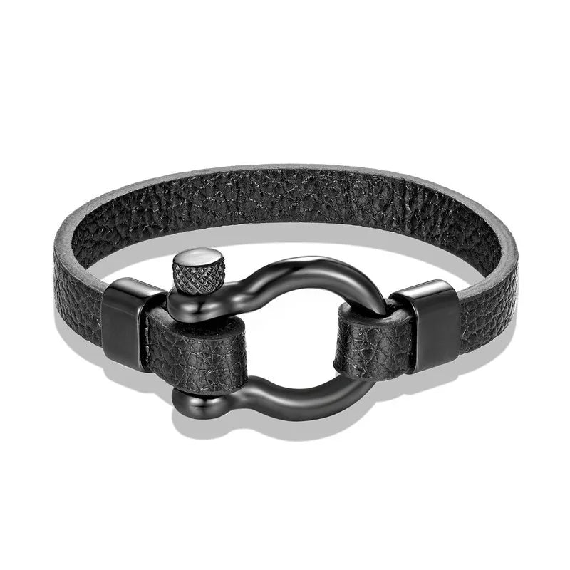 New Listing Mens Jewelry Leather Bracelet Stainless Steel Horseshoe Shaped Genuine Leather Bracelet Bangle for Men