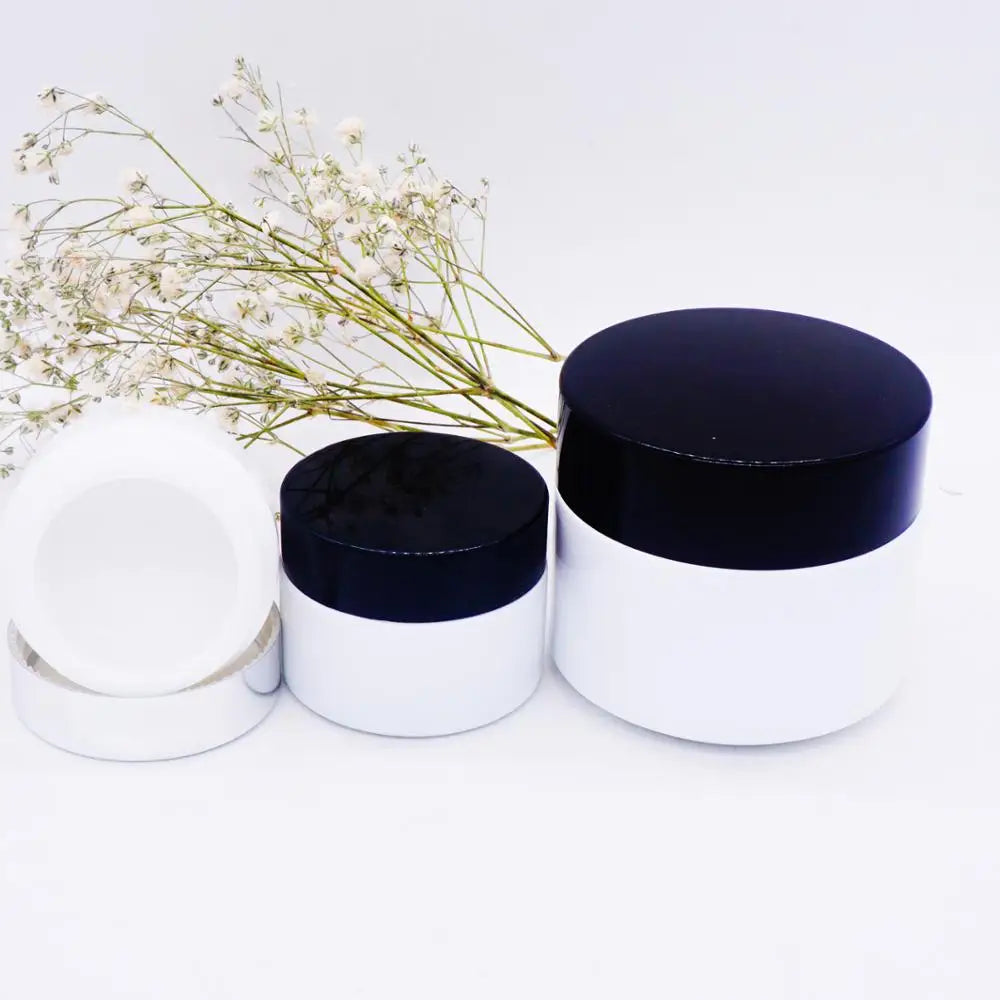 100g White Ceramics Cosmetic Glass Jars 50ml With Black Lid
