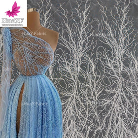 HY2255 New White Lace Fabric Branch Beading Embroidery Wedding Dress Evening Dress Skirt Sequins Pearl Net Lace 2024