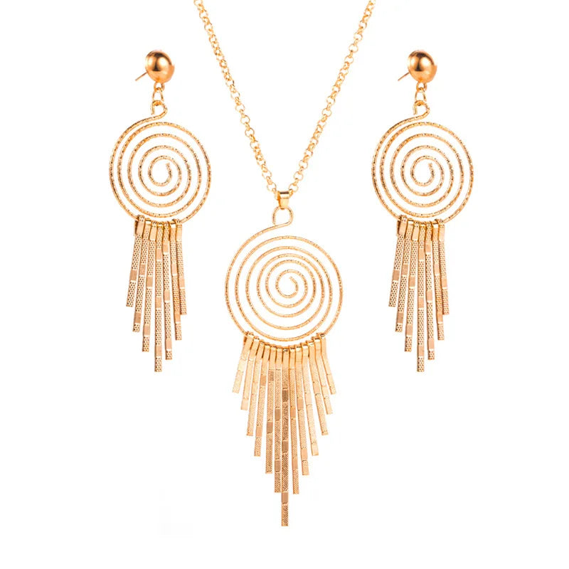 European American Long Twisted Jewelry Set Mosquito Coil Necklace Earrings Tassel Jewelry Set for Women