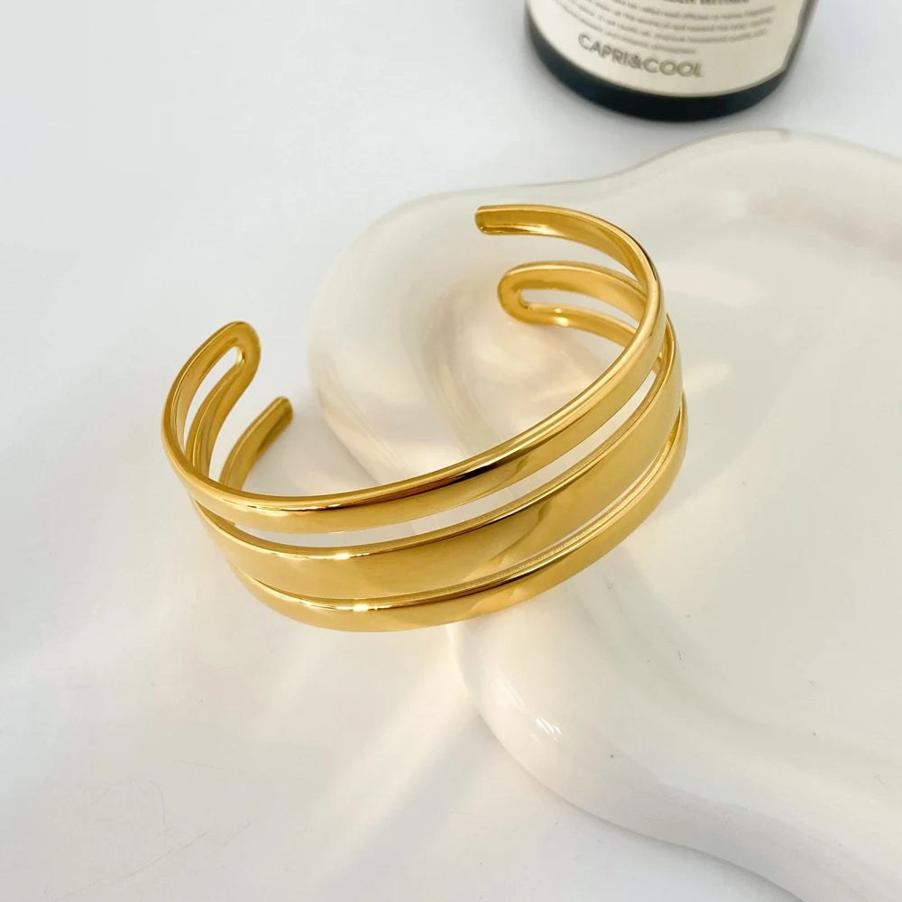 Titanium Steel Three-layer Open Bracelet Exaggerated Wide Face Three-layer Hollow Stainless Steel Gold-plated Bangle