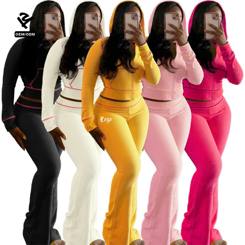 F240735 Breathable Gym Wear Hooded High Waisted Flared Pants Set Fitness Set Clothing Custom Long Sleeve Full Zip Women Set